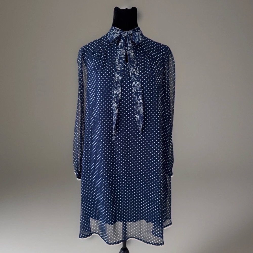 Anthropologie Polka Dots Dress 11•1•Tylho Blue White Sheer Shift Neck Bow Party